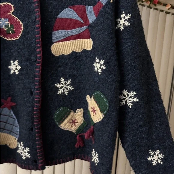 VTG Handknit Silk Mohair Cardigan Women's Large Blue Mitten Embroidery Winter - Picture 5 of 6
